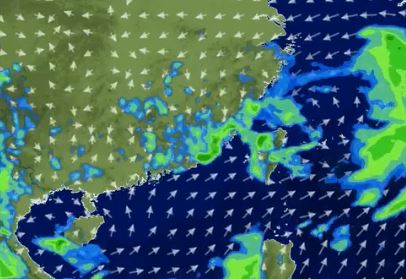 明日持續受范斯高外圍環流影響，迎風面有大雨機會。（圖／翻攝自天氣風險 WeatherRisk）