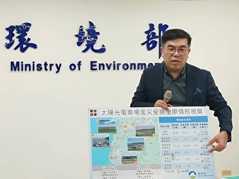 環境部長彭啓明24日明日前颱風丹娜絲毀損太陽光電場的光電板處理情形，還有約12.5萬片未清完，8月1日前須全部清除，逾期將祭最高新台幣300萬元重罰