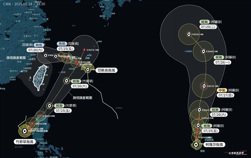 海面上呈現三颱鼎立情況,不過都不會來台灣。(圖/台灣颱風論壇 Threads)