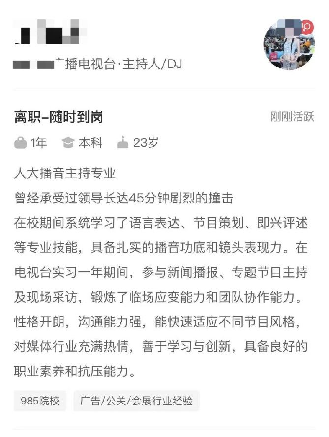 女子在履歷上稱「曾經承受過領導長達45分鐘劇烈的撞擊」。(圖/翻攝自微博)