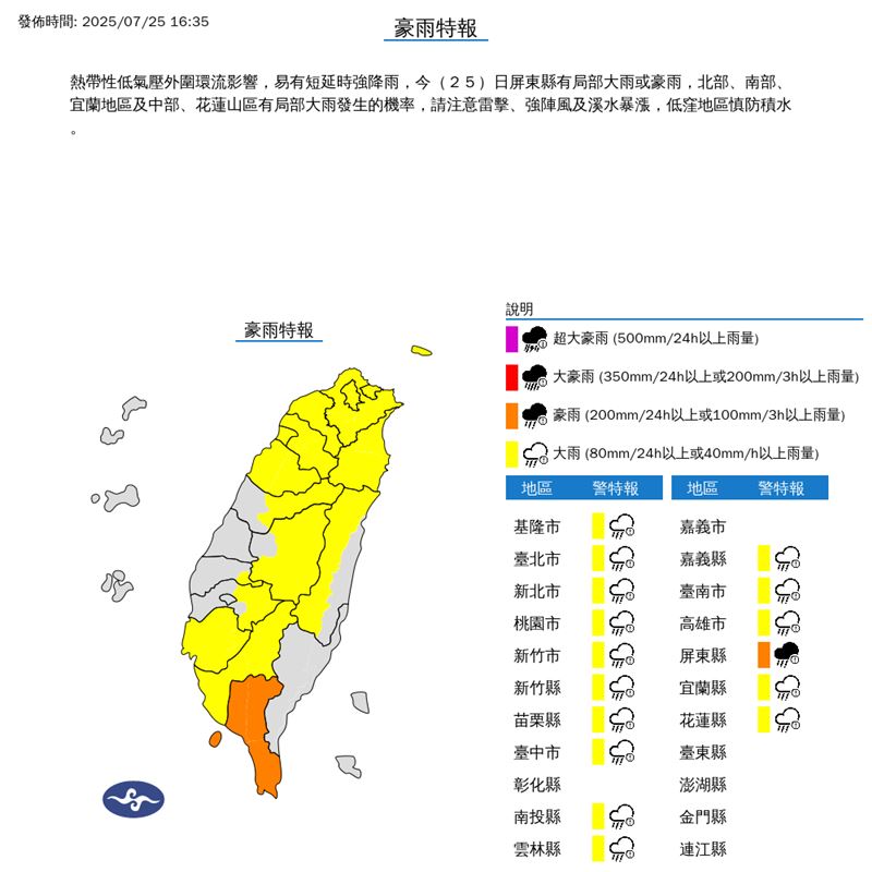16縣市豪、大雨特報。（圖／氣象署）