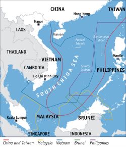 周邊各國對於南中國海主權的宣稱,可見中越兩國的宣稱高度重合。(圖/翻攝維基百科)