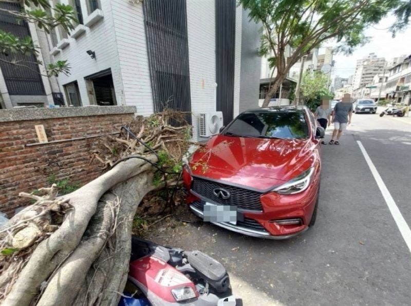 北屯有路樹因不明原因倒塌,造成1輛轎車、2輛機車受損。(圖/翻攝畫面)