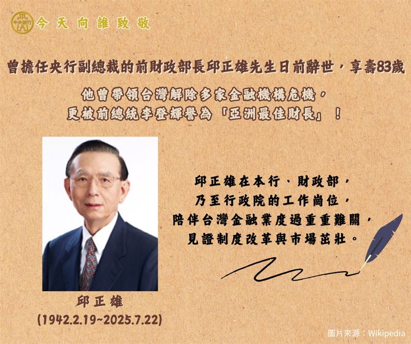 前行政院副院長邱正雄近日辭世，享壽83歲，中央銀行今天特別發布貼文緬懷。（圖／翻攝自中央銀行）