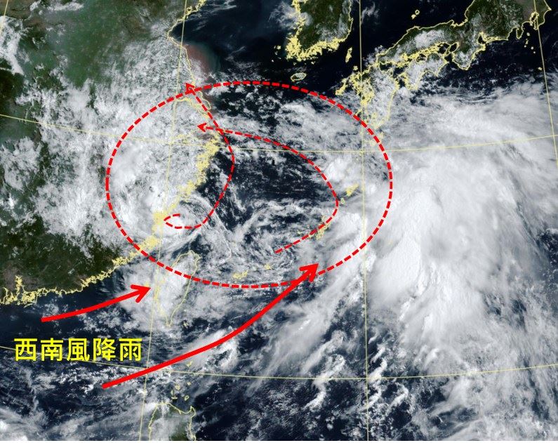 颱風「竹節草」在台灣以東減弱為熱帶性低氣壓。（圖／翻攝自天氣職人-吳聖宇臉書）