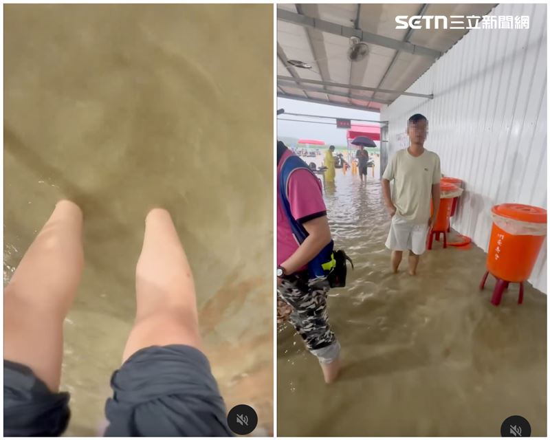 水淹進台積電AP7,塑膠椅已經全數搬到桌上。(圖/網友cheng.___27提供)