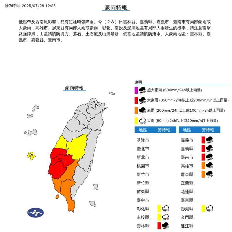 氣象署在12:25發布豪雨特報。(圖/翻攝自氣象署)