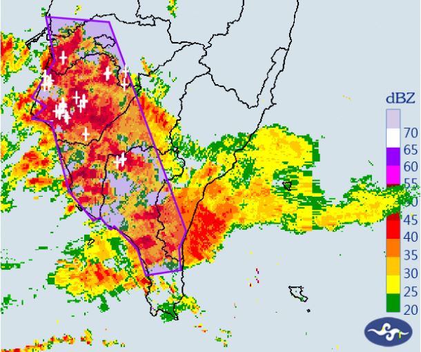 大雷雨襲「雲林縣、嘉義市、嘉義縣、台南市、高雄市、屏東縣、台東縣」。(圖/翻攝自氣象署)