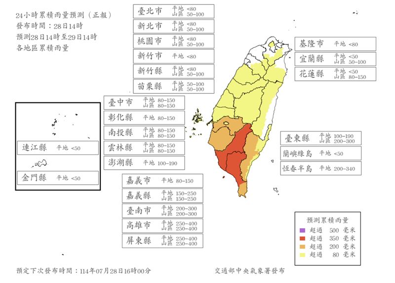24小時雨量預測。(圖/氣象署)