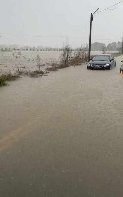 嘉義鄉道嘉22線遭豪雨灌爆,兩部車輛拋錨路中央,一名民眾撐傘苦等救援,連黨立委王育敏也陷入困境,畫面如災難電影重現。(圖/讀者提供)