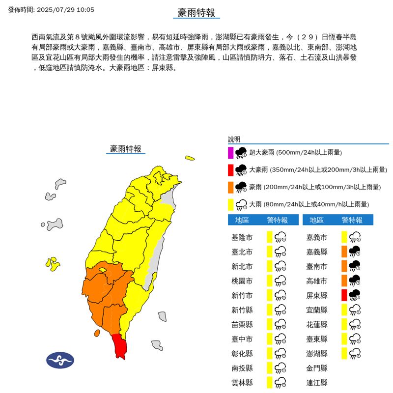 20縣市豪、大雨特報。（圖／中央氣象署）