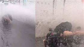 ▲花蓮一間車行年輕人因為豪大雨在路邊玩起雨水。（圖／翻攝自Threads@alan_8190）