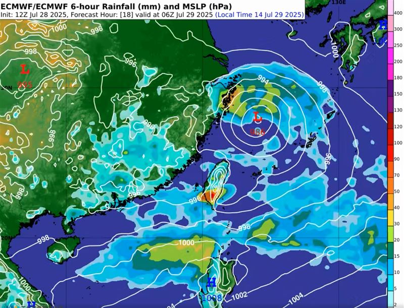 西南氣流晚間起逐漸北上，中南部未來一週都要嚴防豪大雨。（圖／翻攝自天氣職人-吳聖宇臉書）