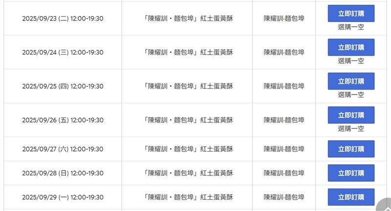 陳耀訓蛋黃酥開賣10分鐘,僅少量天數完售,大部分天數還有數量。(圖/翻攝自 陳耀訓·麵包埠YOSHI BAKERY臉書)