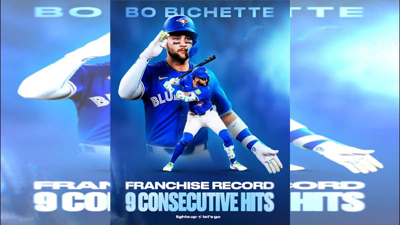 畢謝特(Bo Bichette)連敲9支安打創下藍鳥隊史紀錄。(圖/翻攝自藍鳥 X)
