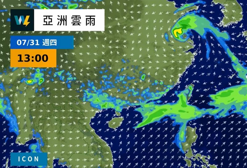 週三後颱風將會進入華東並逐漸北上，可能會讓西南風持續影響台灣。（圖／翻攝自天氣風險 WeatherRisk）