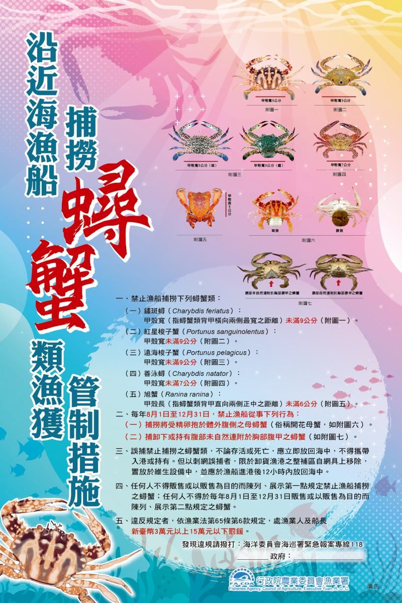 沿近海漁船捕撈蟳蟹類漁獲管制措施。（圖／翻攝自農業部漁業署官網）