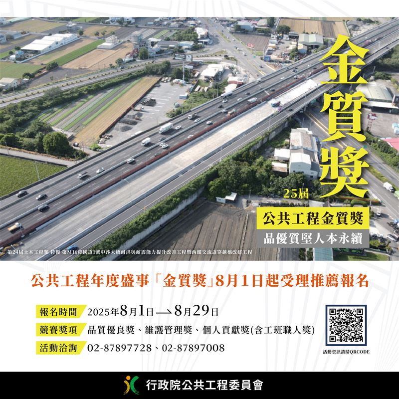 第25屆公共工程金質獎將自8月1日至29日受理推薦報名。(圖/工程會提供)