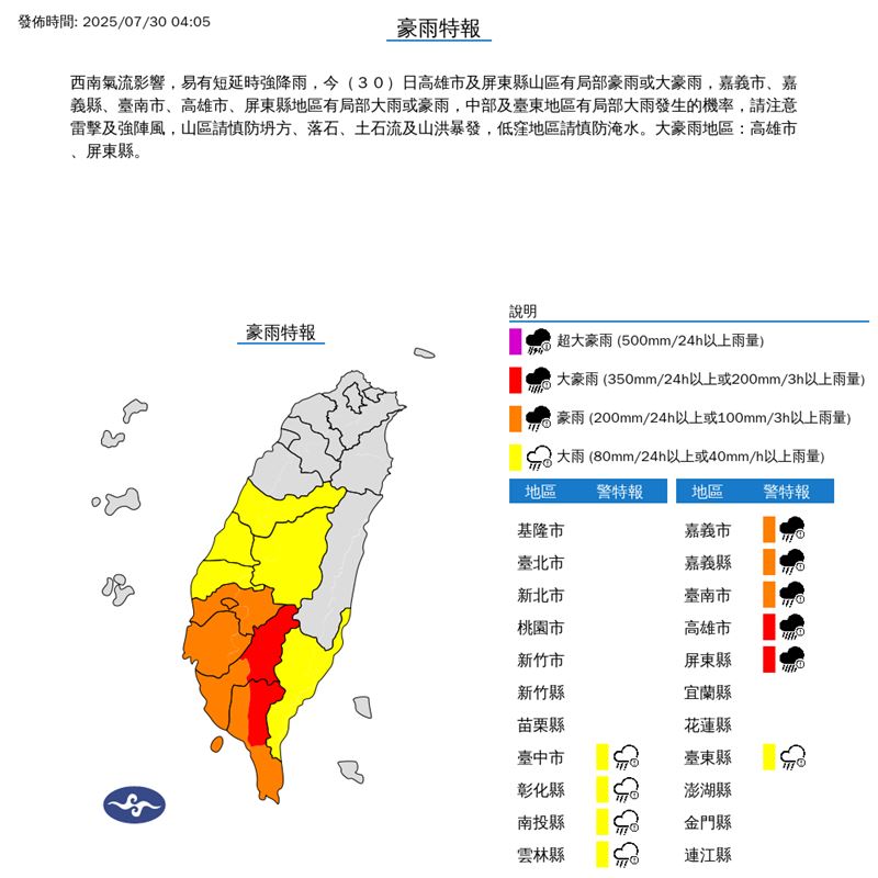 氣象署針對10縣市發布豪大雨特報。（圖／翻攝自中央氣象署）