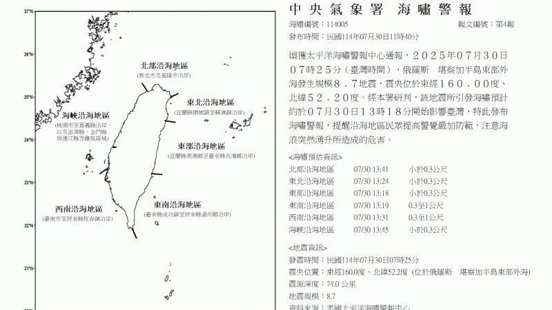 氣象署於上午11時40分升級發布海嘯警報。（圖／中央氣象署提供）