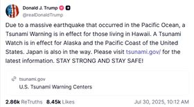 ▲美國總統川普提醒民眾隨時注意海嘯警報。（圖／翻攝自真實社群平台川普帳號）
