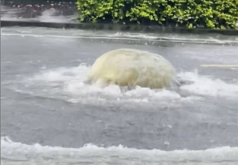 豪雨降下，豐樂公園附近路面驚見湧泉。（圖／翻攝自Threads @parchin.87）