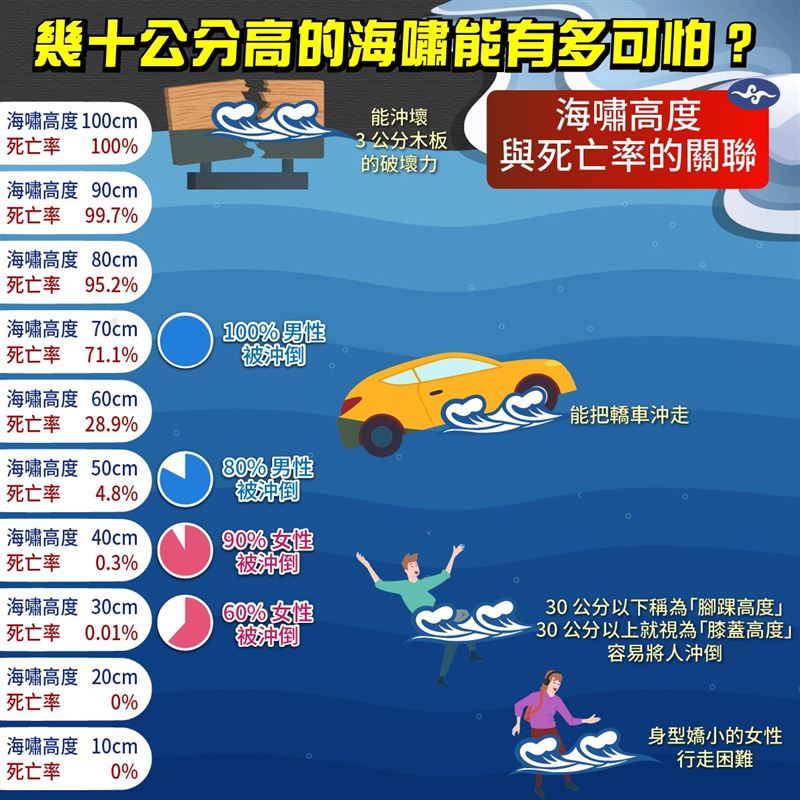 氣象署說，當海嘯浪高達到1公尺時，人們的死亡率是可怕的100%。（圖／翻攝自報地震-中央氣象署臉書）