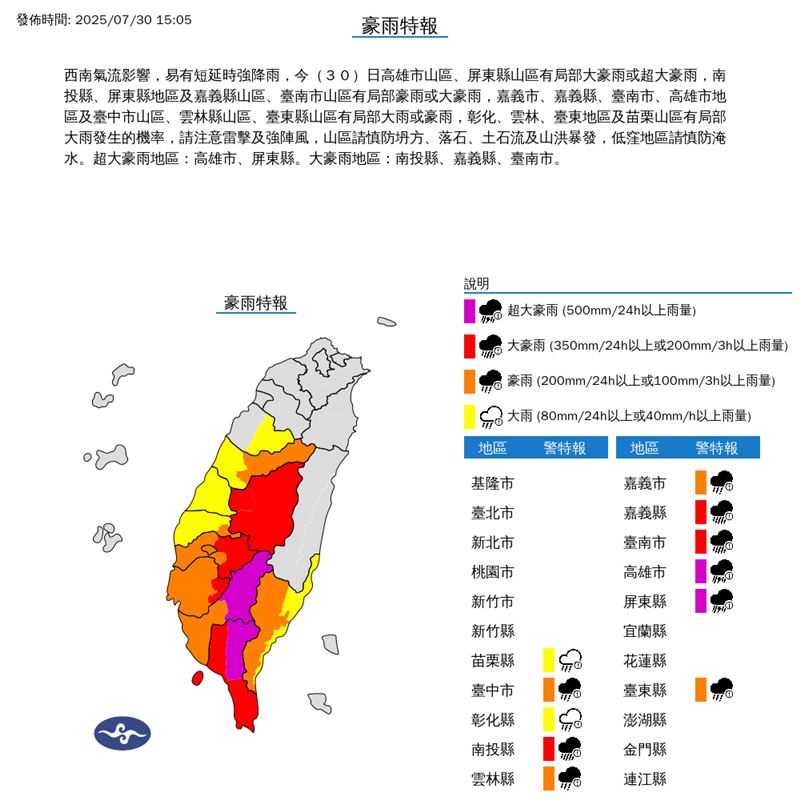 氣象署今（30）日15時05分發布豪雨特報。（圖／氣象署）