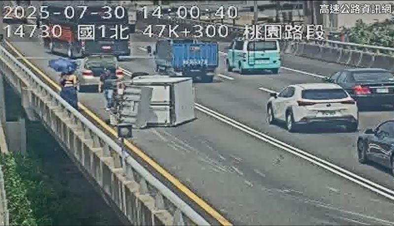 2名「小可愛」辣妹在路旁撐傘待援。(圖/翻攝自國道即時影像)