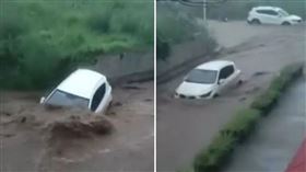 山西暴雨引發洪災，傳出多輛汽車被沖走，其中一輛載有14人的中巴失聯。(圖/翻攝微博）