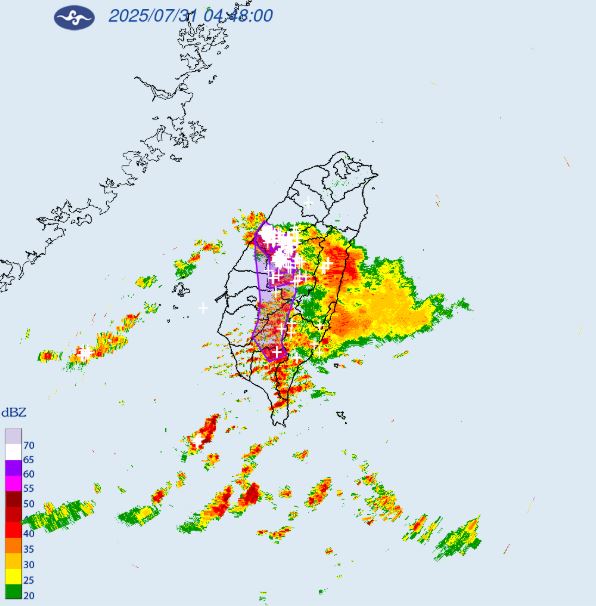 氣象署針對「臺中市、彰化縣、南投縣、雲林縣」發布大雷雨即時訊息。（圖／中央氣象署）