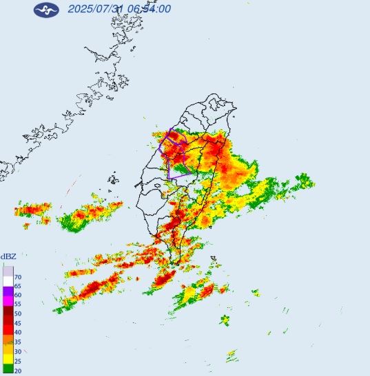 中央氣象署針對「苗栗縣」發布大雷雨即時訊息，持續時間至8時30分止。（圖／中央氣象署）