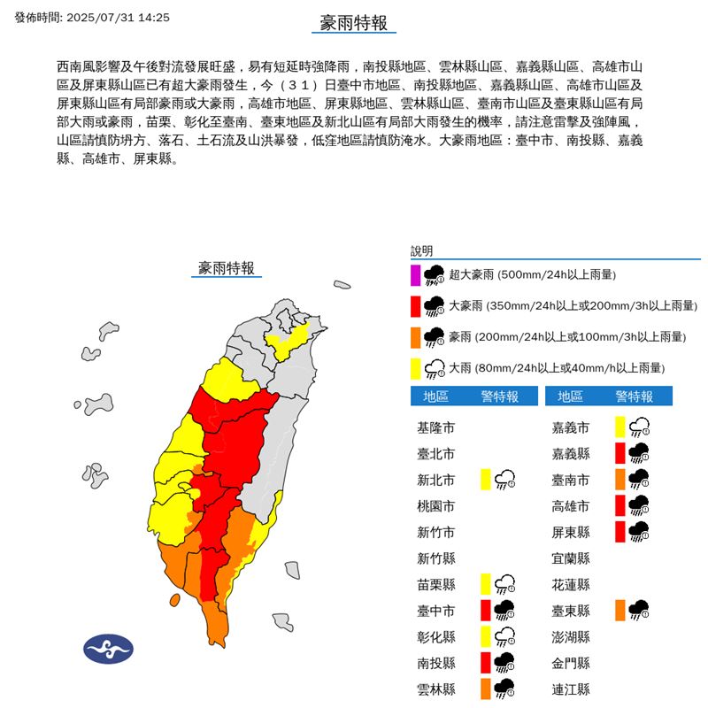 12縣市豪雨特報。(圖/中央氣象署)