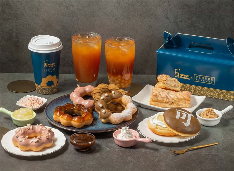 Mister Donut與可不可熟成紅茶聯名推出茶系甜甜圈、飲品等9款商品。(圖/品牌提供)