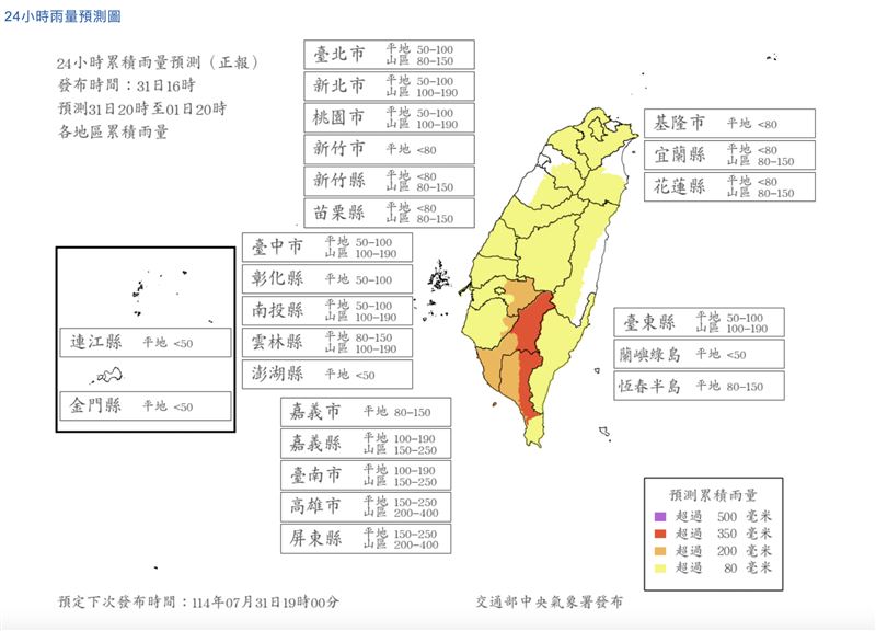 24小時雨量預測圖。(圖/氣象署)
