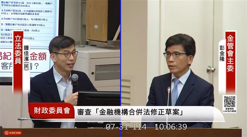 民進黨立委鍾佳濱質詢金管會主委彭金隆。(圖/翻攝自國會頻道)