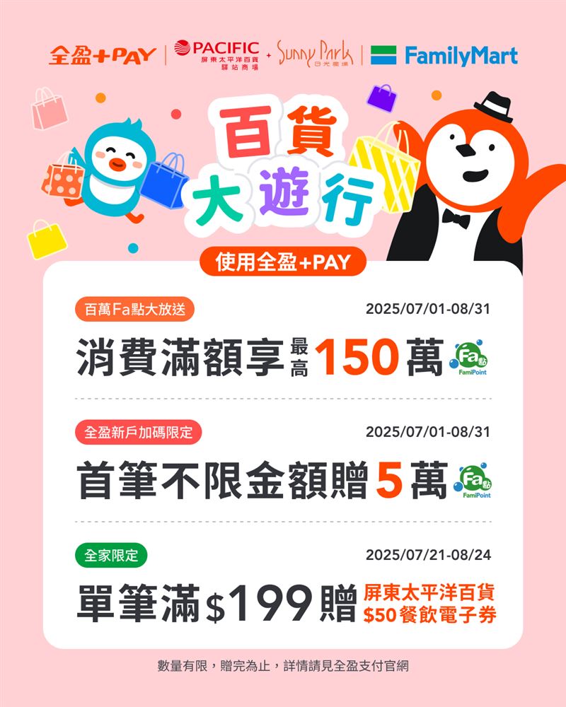 全盈+PAY百貨大遊行,消費滿額最高拿150萬全家Fa點。(圖/全盈+PAY提供)