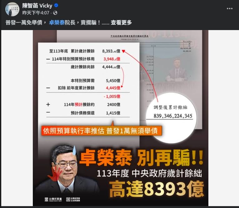 民眾黨立院黨團主任說,「普發1萬無須舉債」。(圖/翻攝自陳菡臉書)