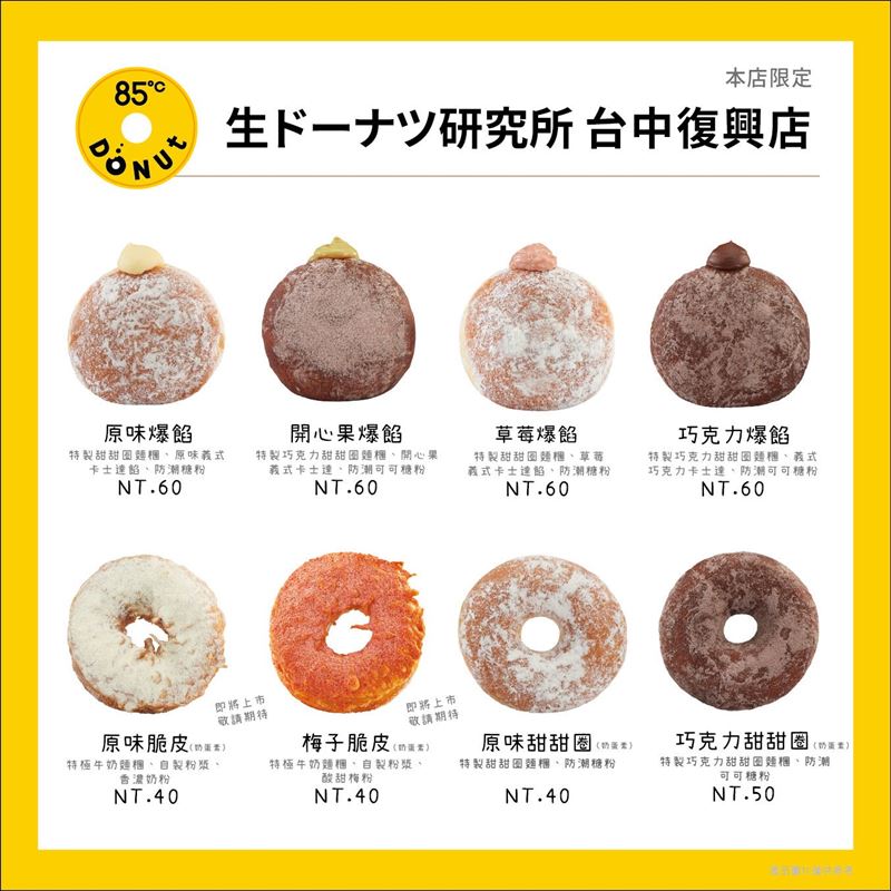生甜甜圈.85℃復興研究所8/2台中開幕,一口氣端出八款創新風味甜甜圈。(圖/品牌業者提供)