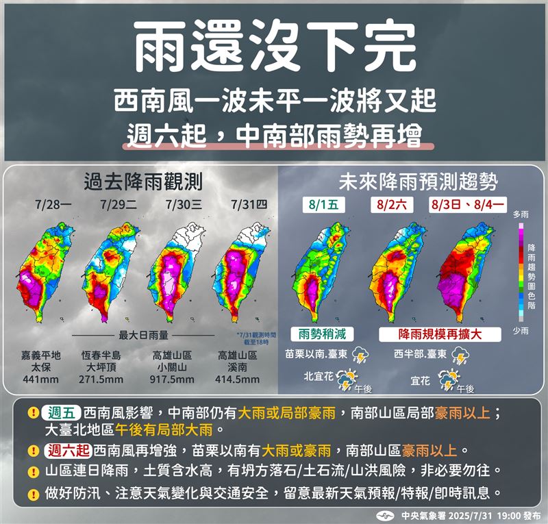 中央氣象署提醒，「雨還沒下完！」（圖／翻攝自「報天氣 - 中央氣象署」臉書）