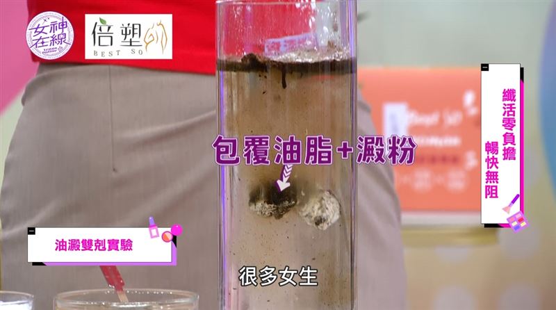 水盆中加入「油澱雙剋」，原本浮在上面的油跟澱粉，立刻被包覆後下沉。（圖／截自影片）