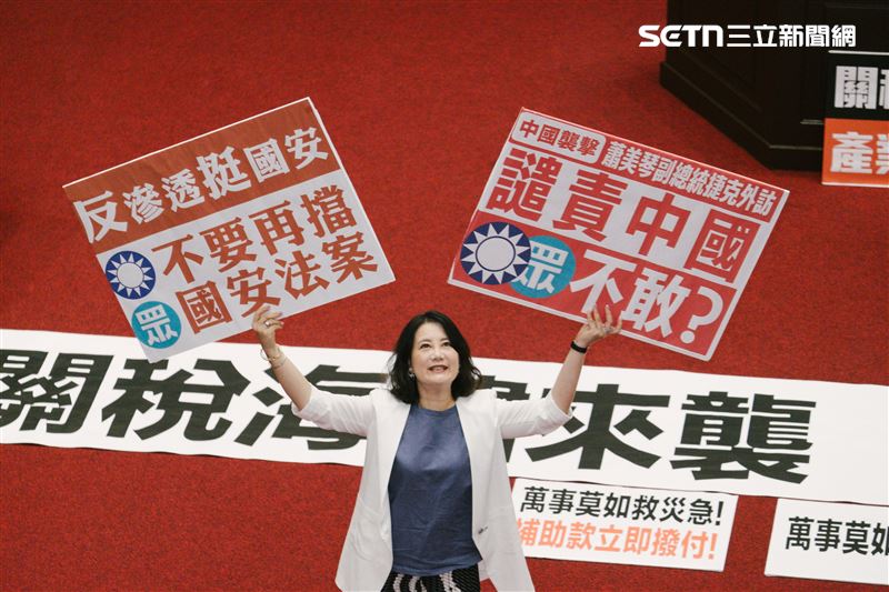 立院院會開了三小時僅通過一案,圖為民進黨立院黨團幹事長吳思瑤,在變更議程時舉牌抨擊藍白。(圖/記者楊士誼攝影)