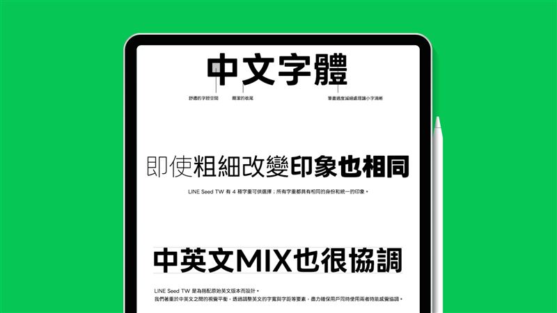 LINE Seed繁體中文版推出四種不同粗細的字重，同時優化不同語言例如中英混排下的字距、標點對齊與高度調和等細節，進一步強化排版一致性