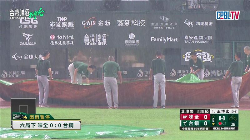 台鋼雄鷹、味全龍因大雨攪局，6局下1出局以0：0握手言和。（圖／翻攝自CPBLTV）