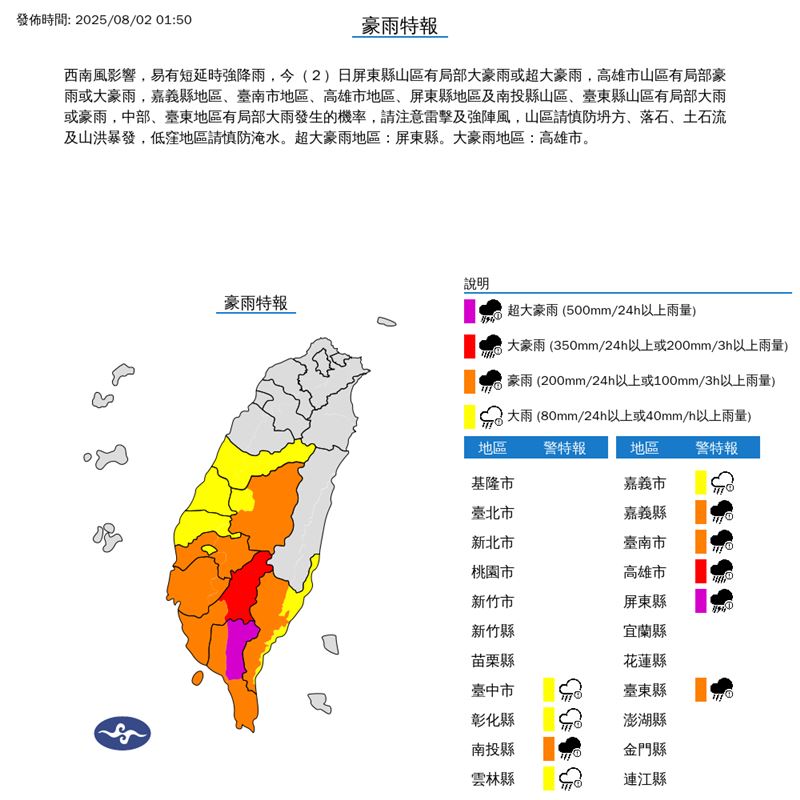 氣象署今(2)日清晨針對10縣市發布豪雨特報。(圖/中央氣象署)