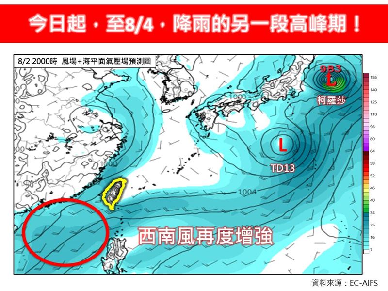 今日起至8/4是「降雨的另一段高峰期」。(圖/翻攝自林老師氣象站)