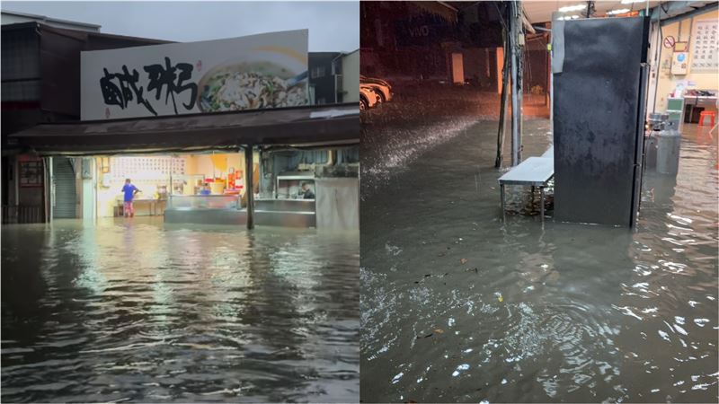今日大雨襲台南,連阿堂鹹粥也積淹水。(圖/網友授權提供)