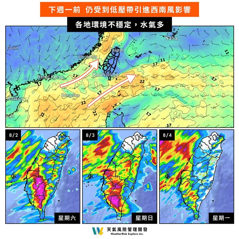 今明2天台中以南為陰時多雲天氣,全天不定時有陣雨或雷雨,且有偶較大雨勢發生。(圖/翻攝自天氣風險臉書)