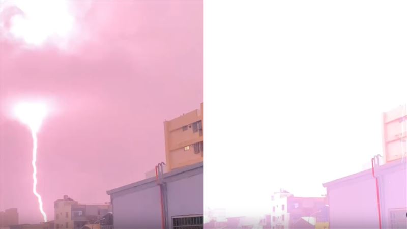 台南閃電不停，天空瞬間變成粉白色。（圖／網友_841203授權提供，未經同意請勿轉載）