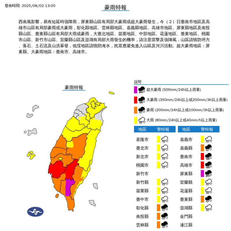 中央氣象署針對19縣市發布豪、大雨特報。（圖／中央氣象署）
